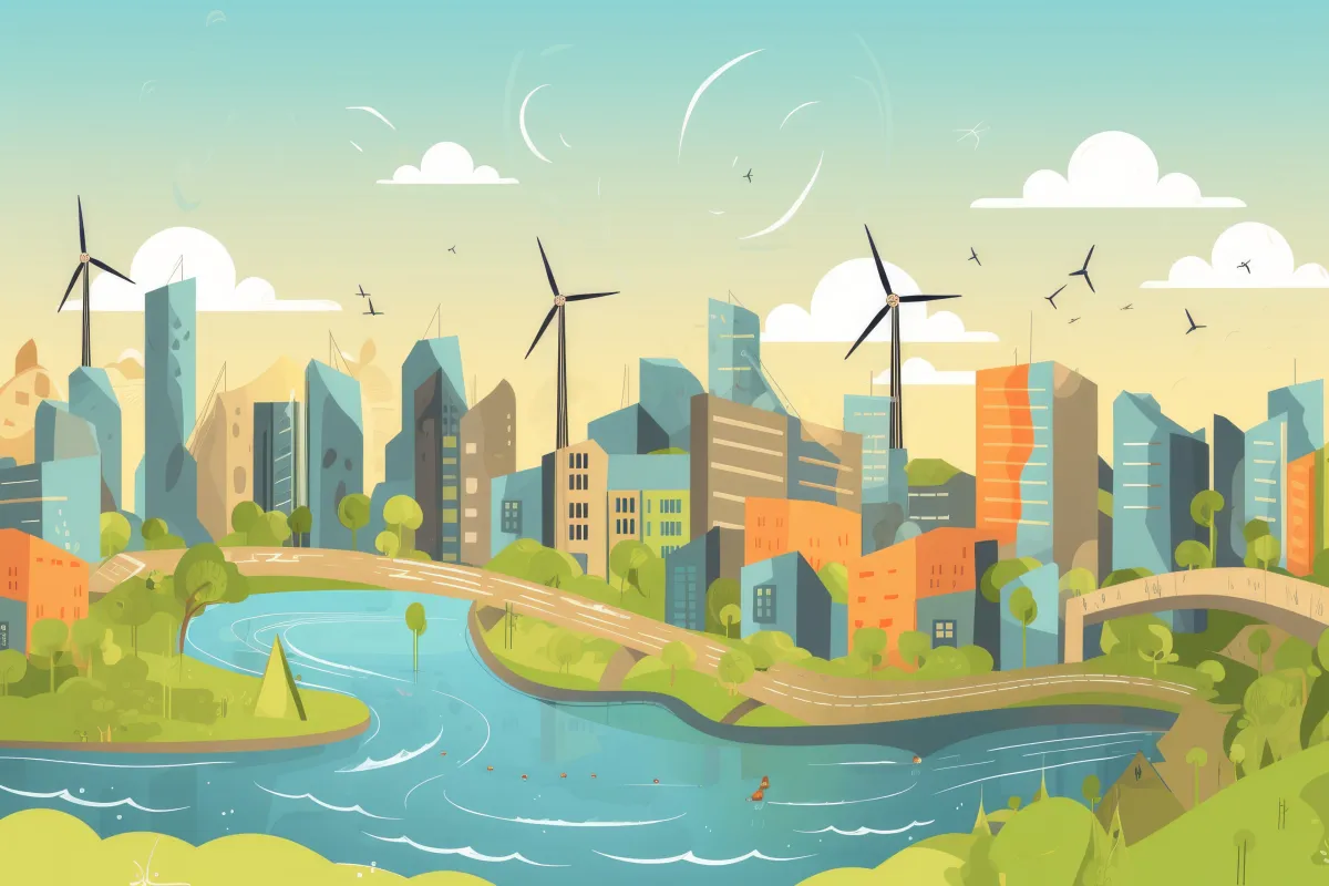 Illustration einer Großstadt mit erneueraren Energien
